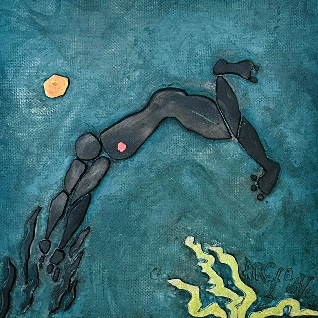 Square 29x29cm hand-built bas-relief artwork; earthenware, inspired by the composition & colours of Tony Wright’s iconic Steve Winwood album cover design.  The 3D surface features a diving figure in water, with glazes wrapped around the outer edges.