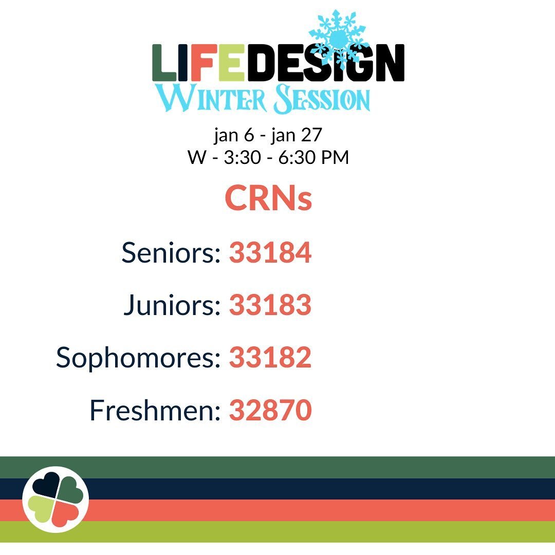 Here are the CRNs for the LifeDesign Winter Session Course! If you are unable to get a seat, email sreifenb@nd.edu!