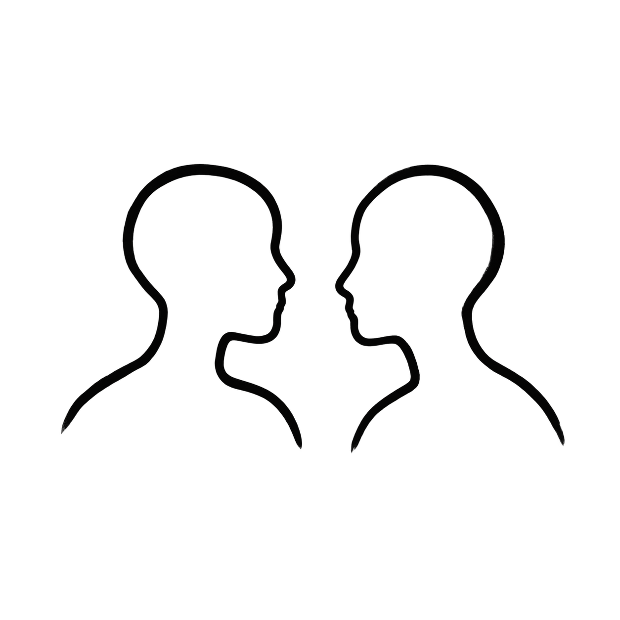 Two outline silhouettes of human heads facing each other, with lines connecting them, symbolizing communication or connection.