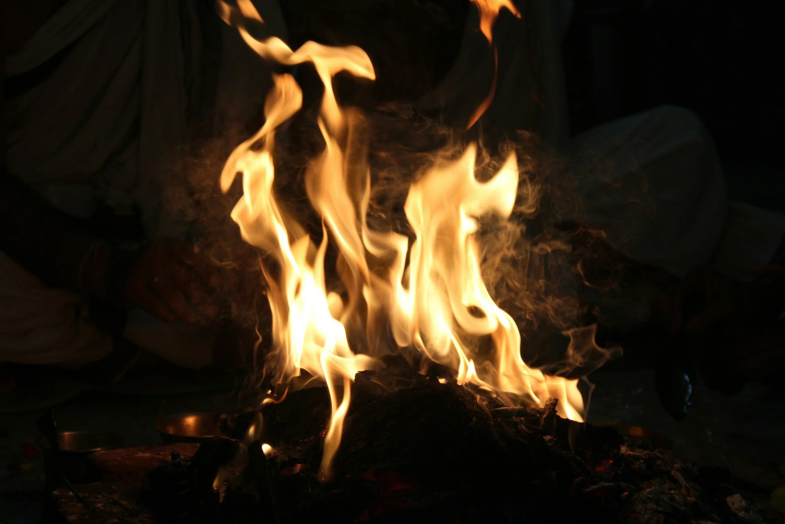 Close-up of flames rising from burning wood or logs in a fire.