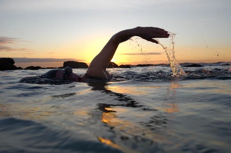 Person swims in the ocean at sunrise