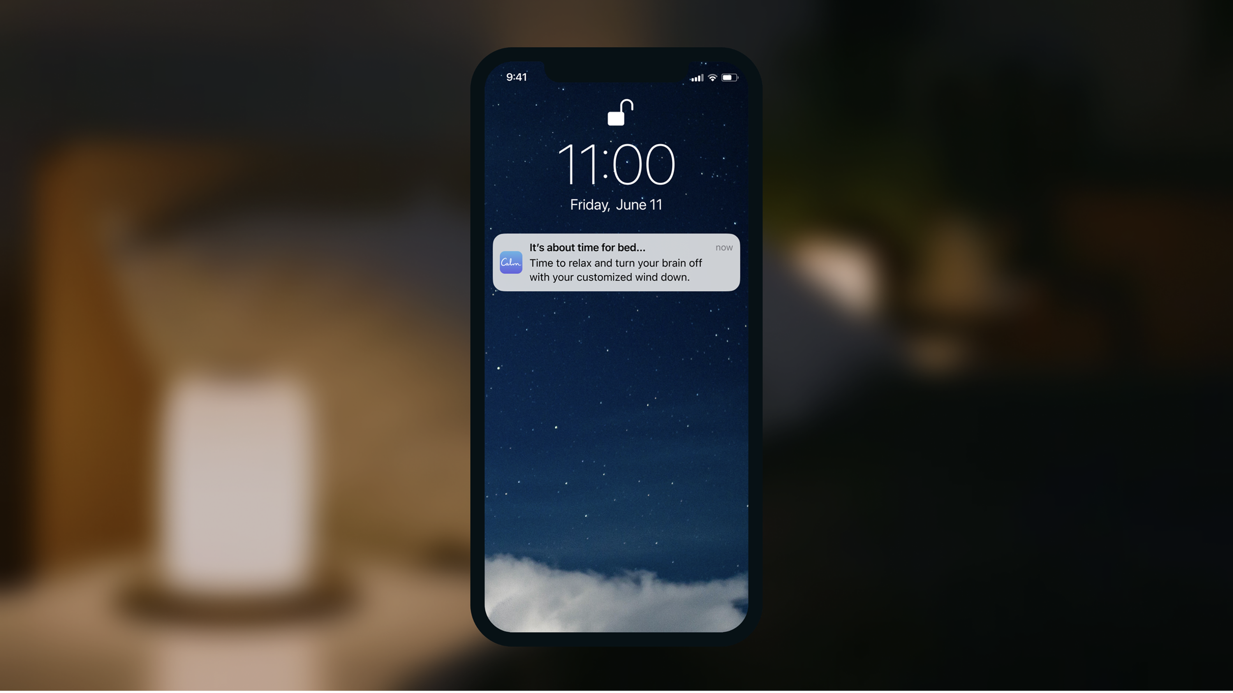 At 11:00, just like last night, they get a push notification from Calm to start winding down.
