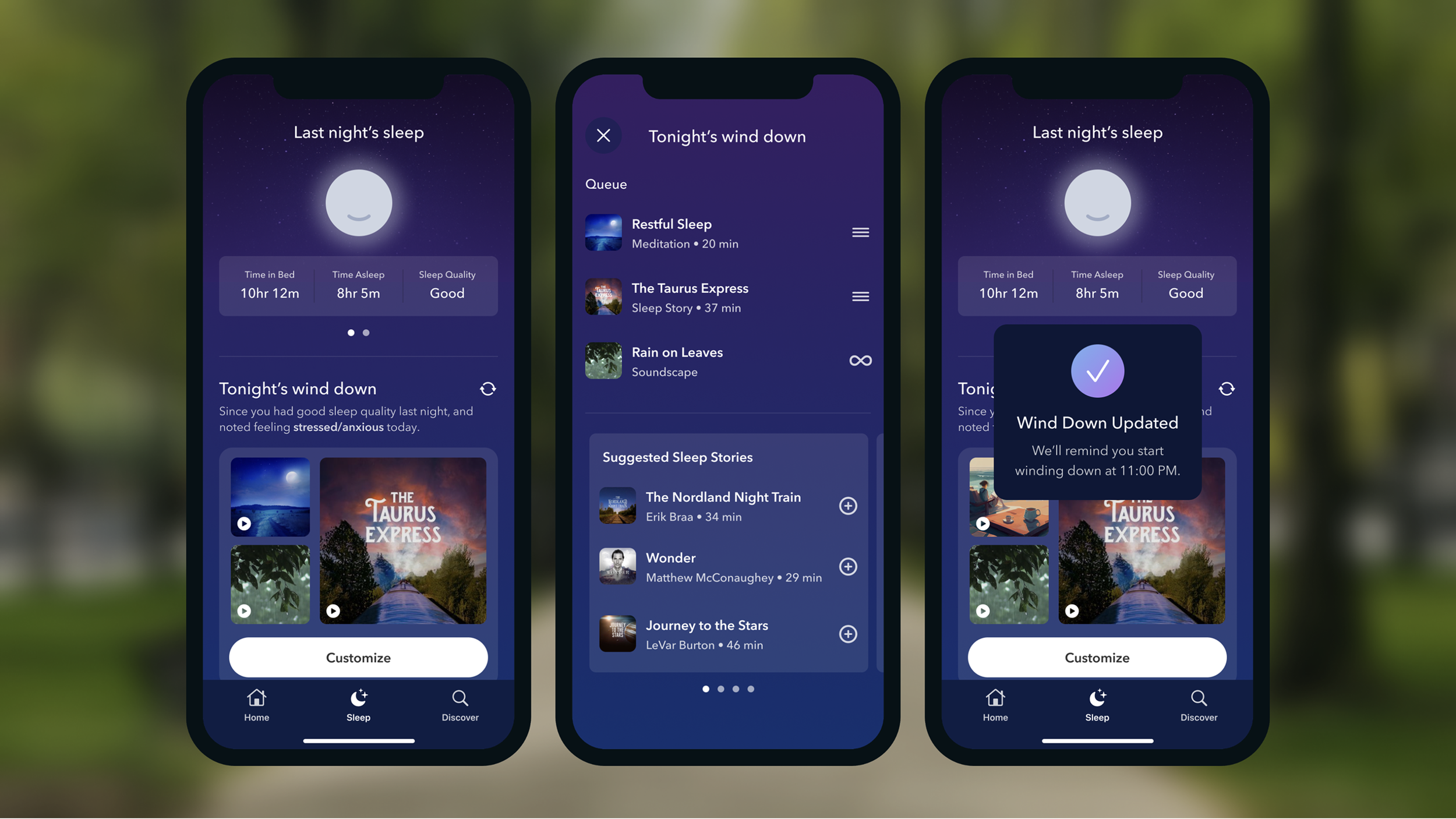 Intrigued, they open Calm and preview their wind down for tonight. They notice a meditation that they want to swap, and do so using the customizer. They replace the meditation with the relaxing ambient playlist from last night, and save their wind do