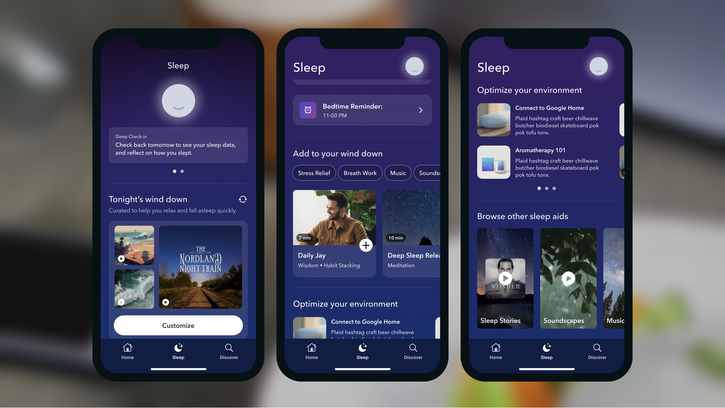 Curious to learn more about what Calm has to offer, they see the Sleep tab on the bottom. They tap it and see tonight’s wind down with the option to customize. They scroll and also sees the ability to quickly add items to their wind down, learn tips 