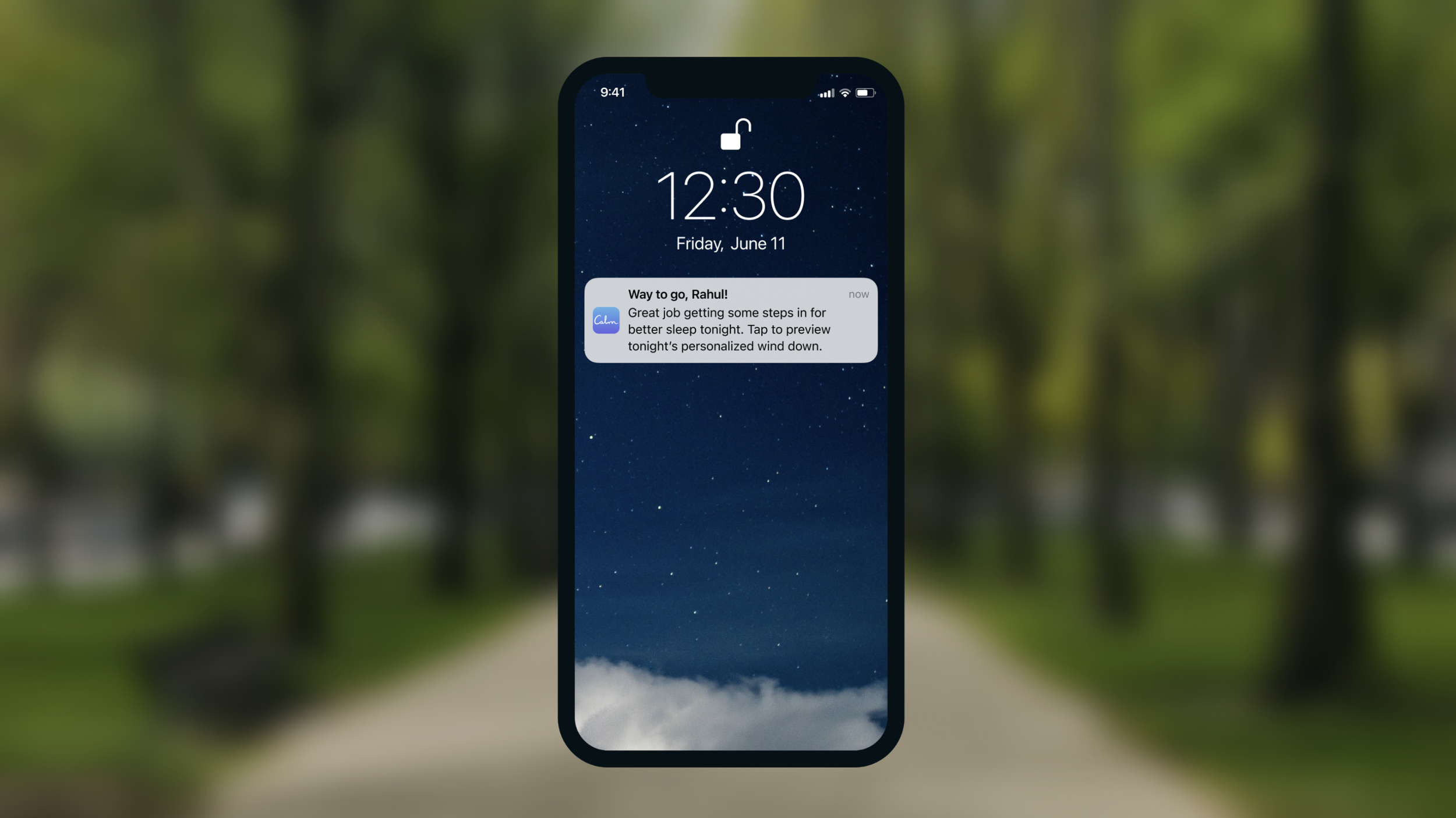 Knowing that they played the mindful walking recommendation, and seeing that they got their steps in via HealthKit, Calm celebrates them finding some Calm in their day and making progress to get a better night’s sleep. Calm also lets them know that t