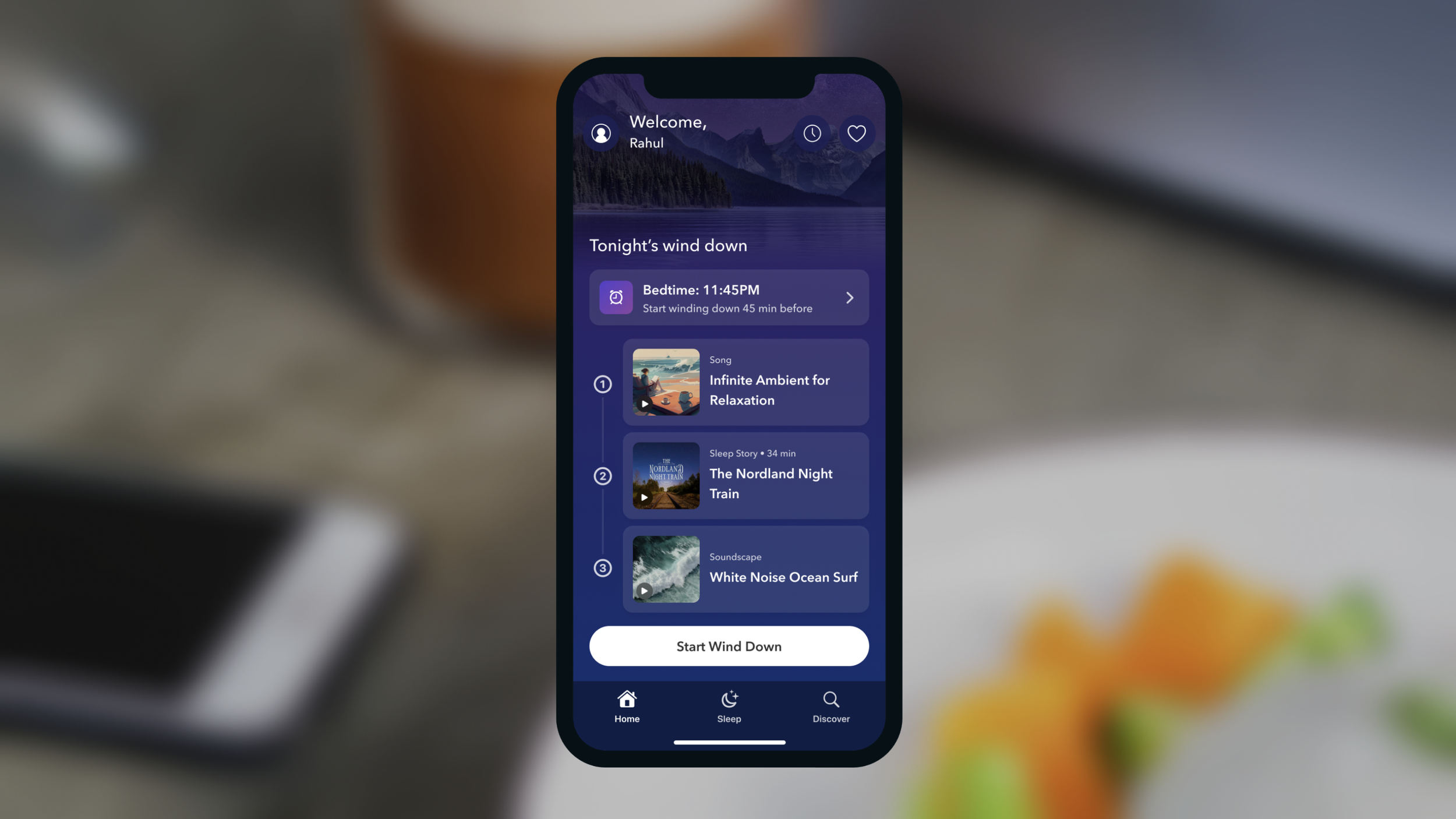 After onboarding, they enter Calm and see tonight’s wind down on Home. They see that it consists of a music playlist, sleep story, and soundscape. They also see their target bedtime based on their health data, and that Calm will remind them to start 