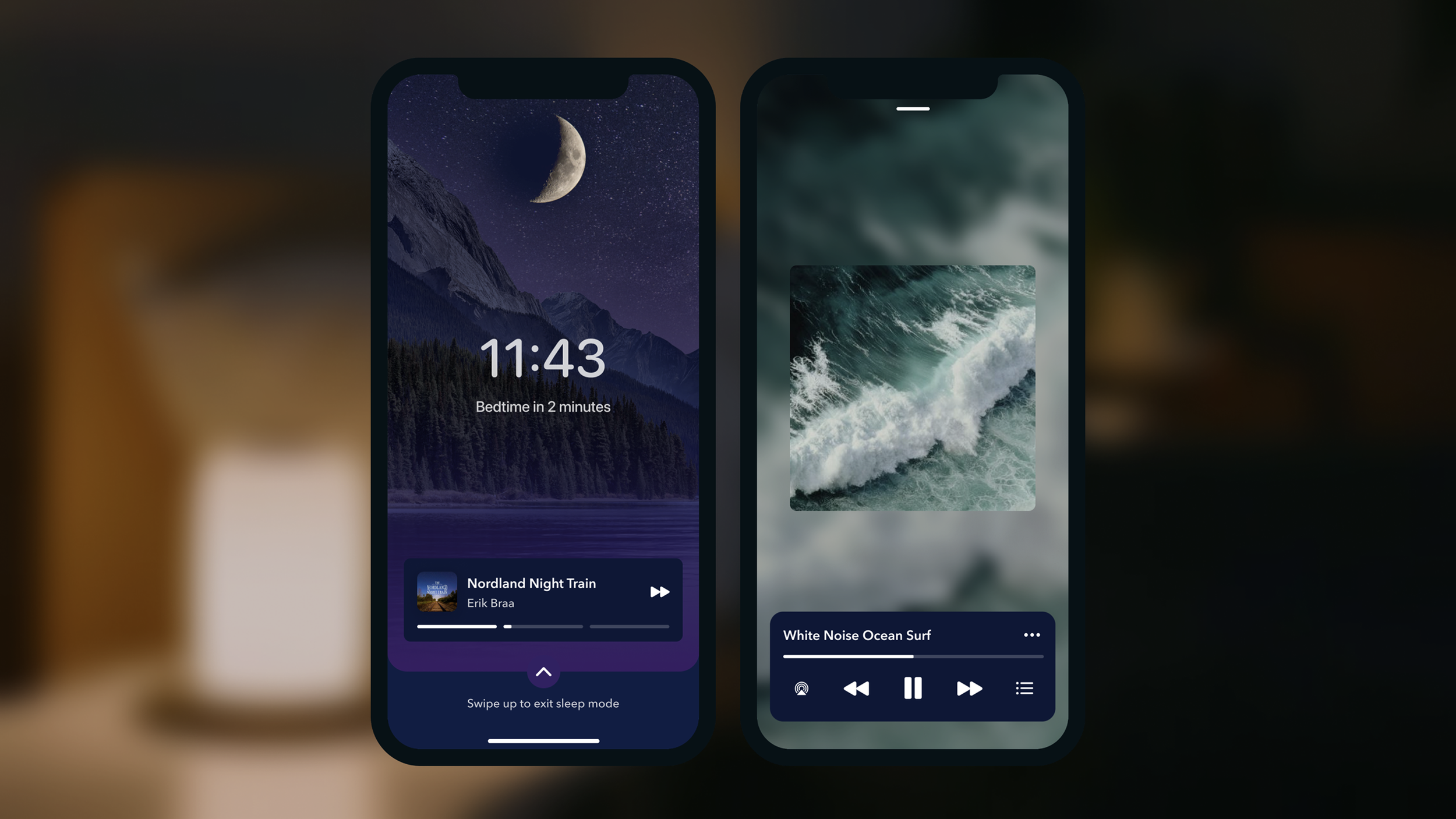When they get in bed, they open Calm and see sleep focus mode with a widget to start their Sleep Story. They tap next to play Nordland Night Train by Erik Braa. Within 20 minutes, they fall asleep. To help them stay asleep throughout the night, Calm 