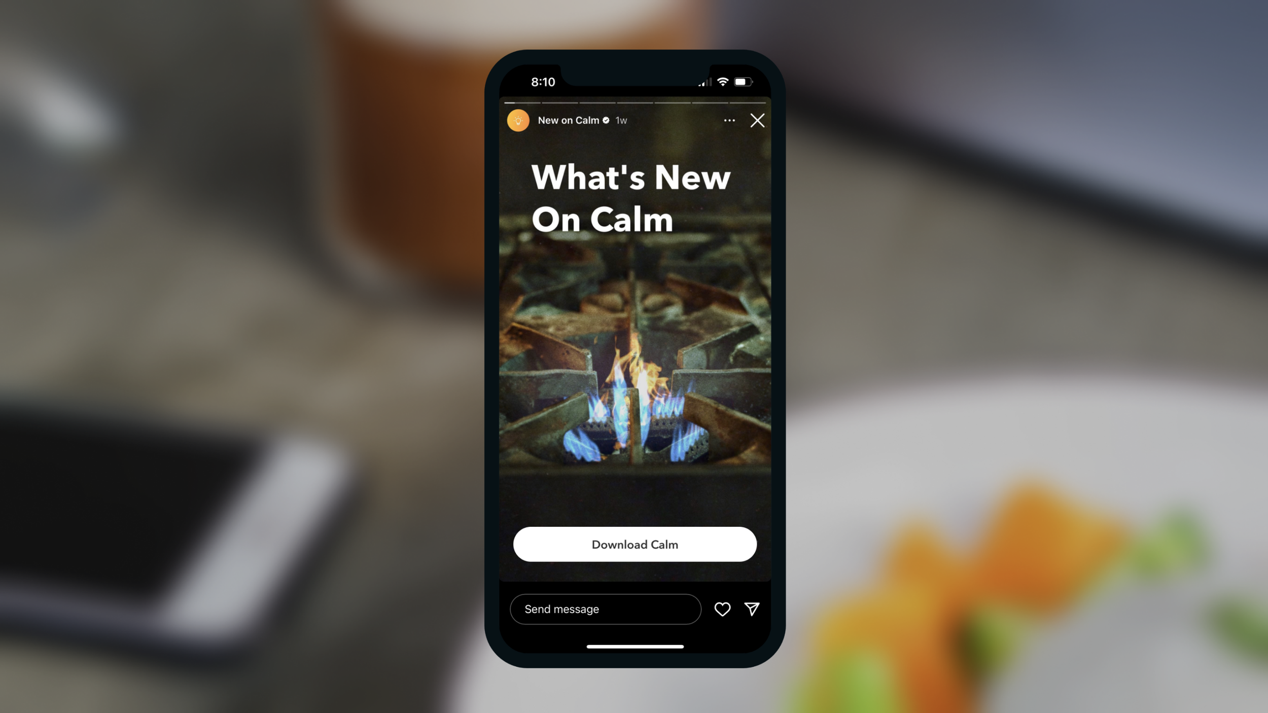 Their journey starts during dinner. They see an ad on social media about Calm’s new sleep experience, which claims to help people build healthy sleep habits like, a consistent sleep schedule, nightly wind down routine, and daytime stress management. 