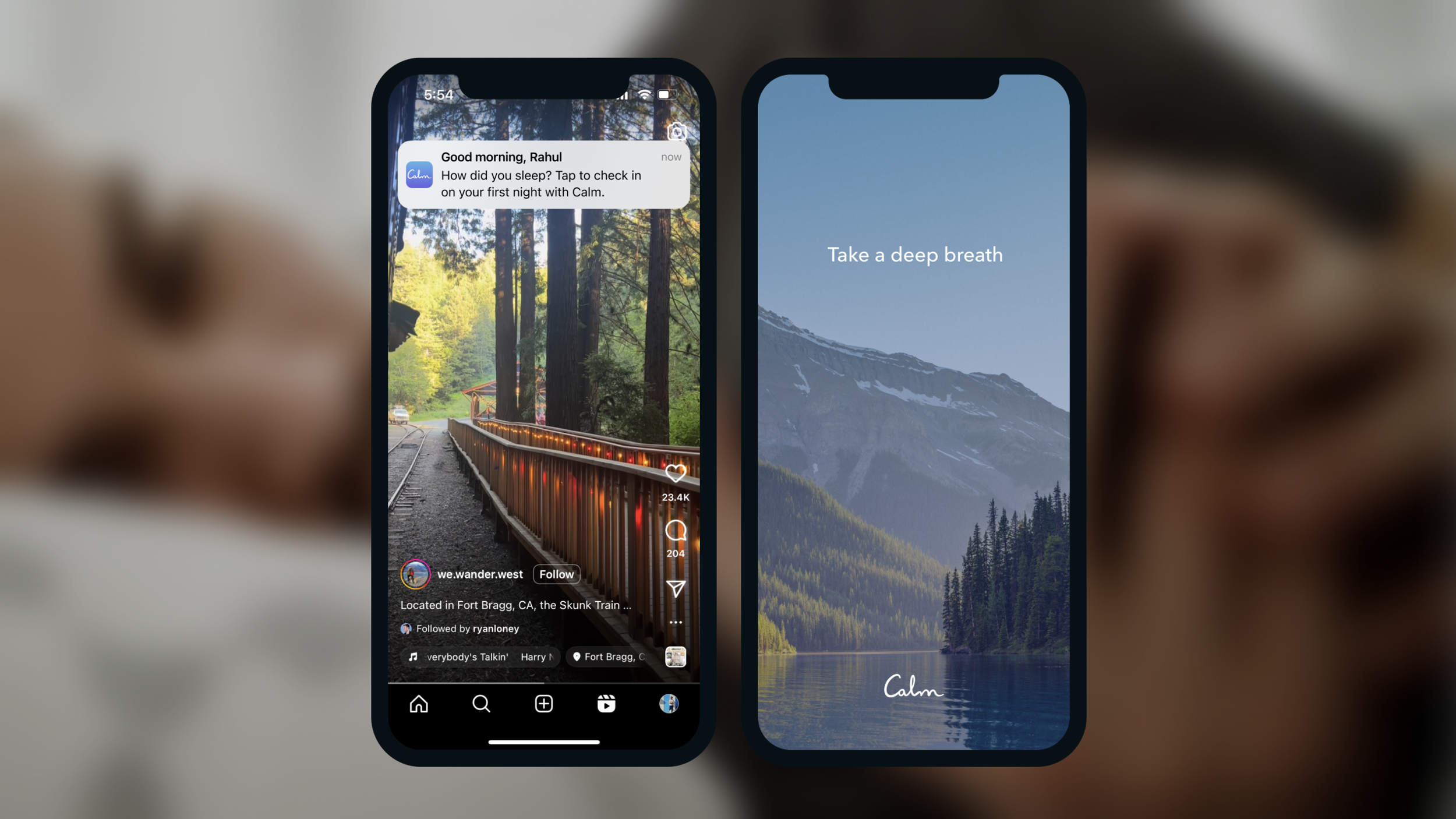 The next morning, they wake up and instantly checks their social media. 2 minutes after doing so, they receive a push notification from Calm asking them how they slept? Remembering their motivation to improve sleep, they tap the notification to check