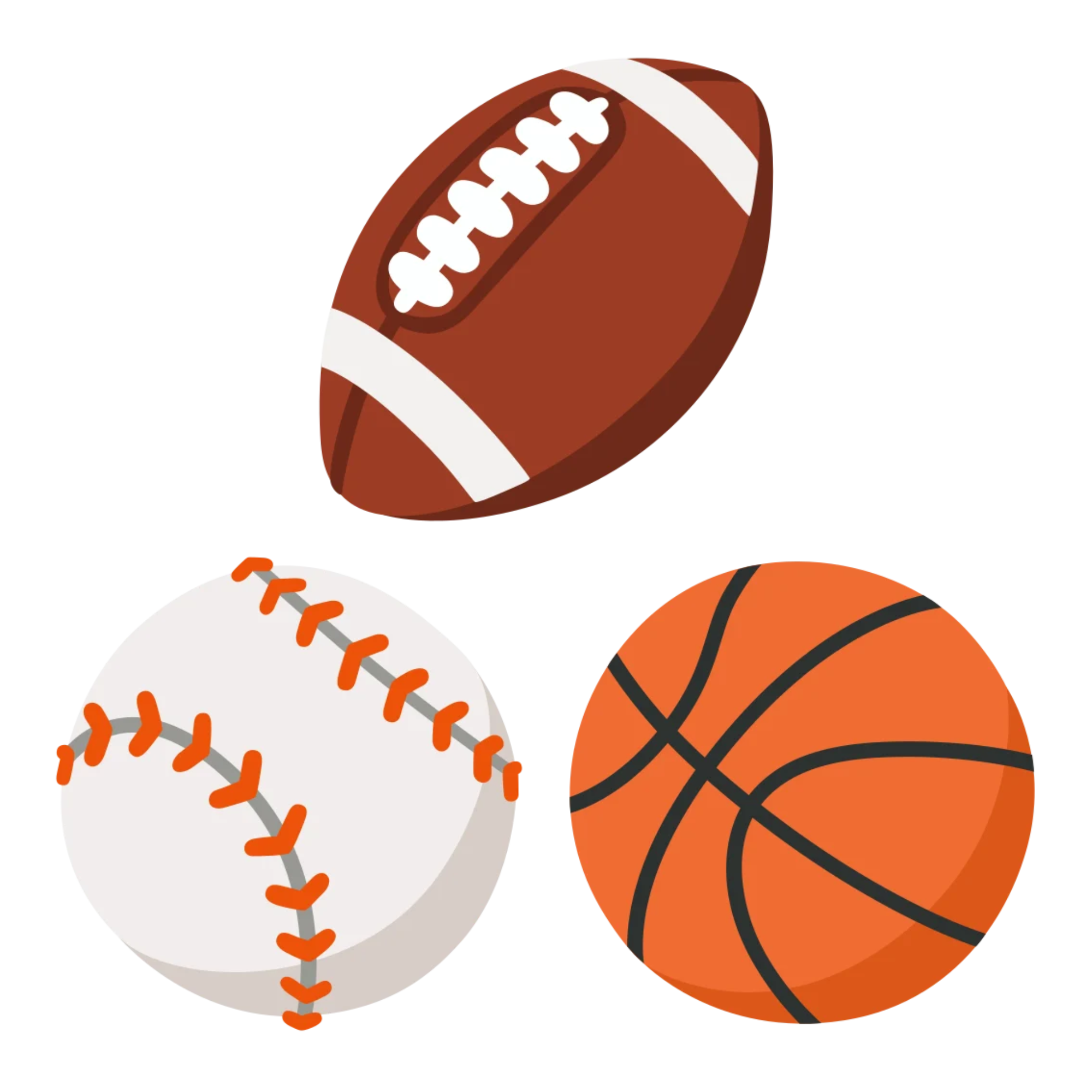 Illustration of three sports balls: an American football, a baseball, and a basketball.