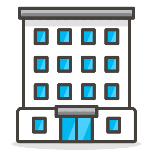 Illustration of a multi-story office building with windows and a central entrance.