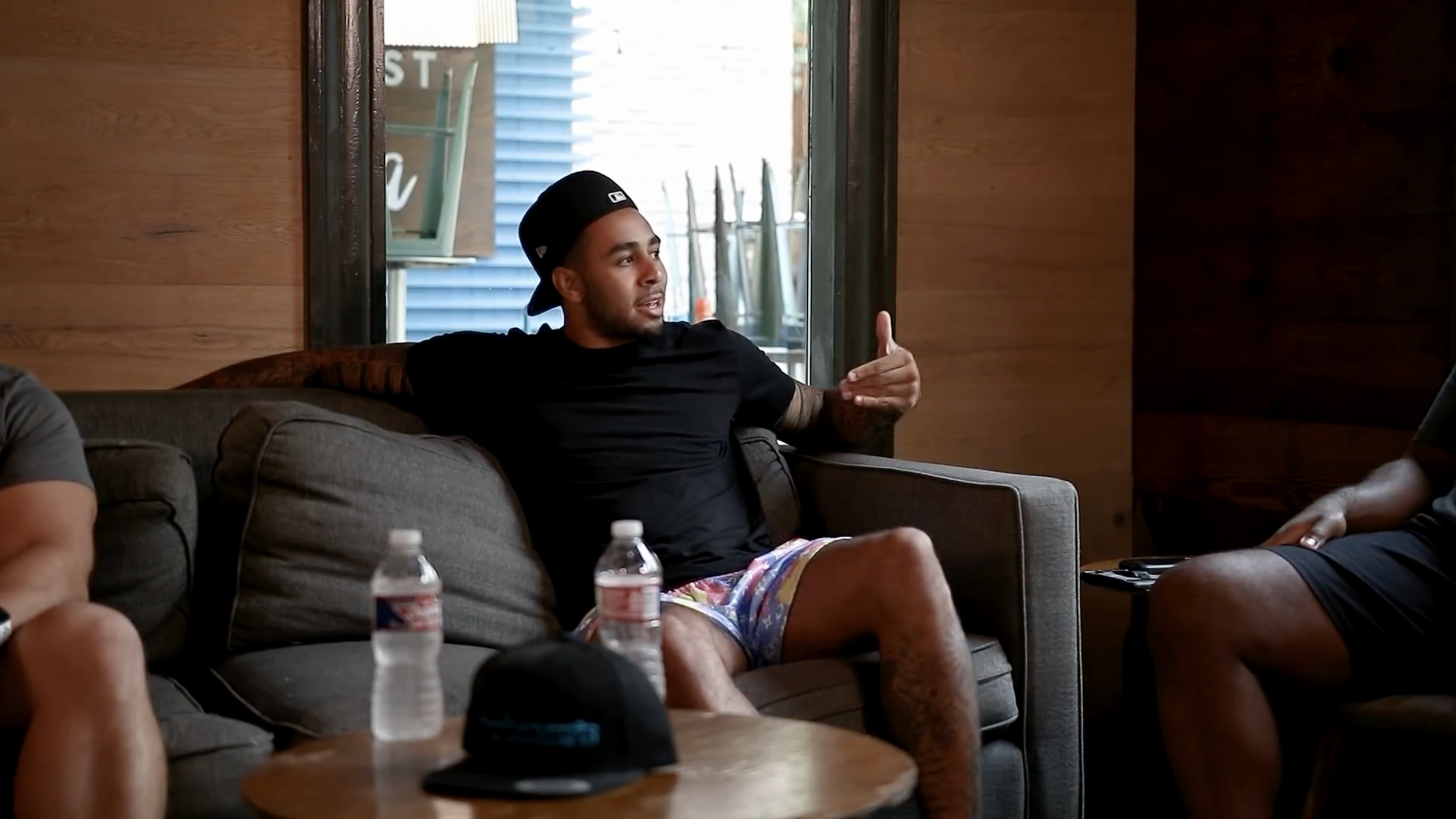 Cinematic NFL player interview filmed for sports media content with professional lighting and conversational framing