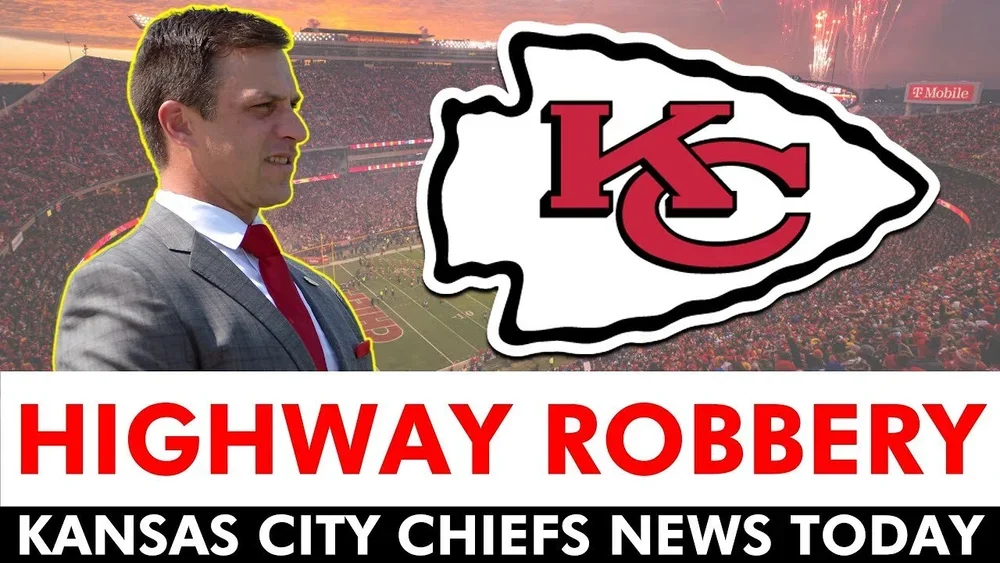 NFL news style YouTube thumbnail reporting Kansas City Chiefs roster moves and front office decisions.