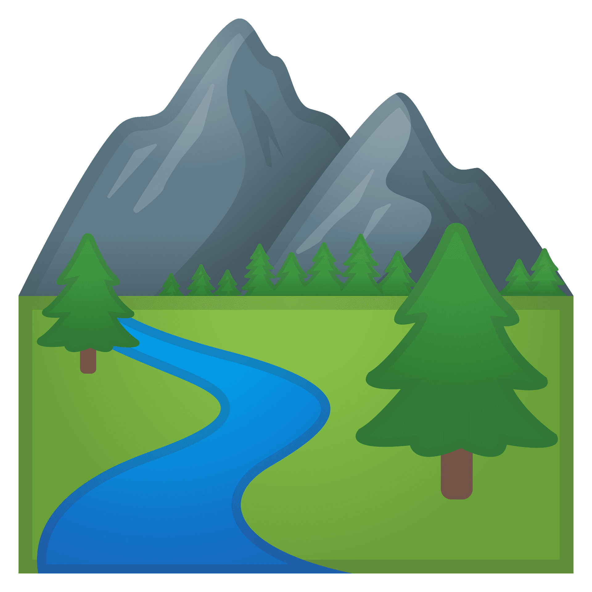 Illustration of a mountain landscape with two large mountains, pine trees, a river flowing through a grassy field.