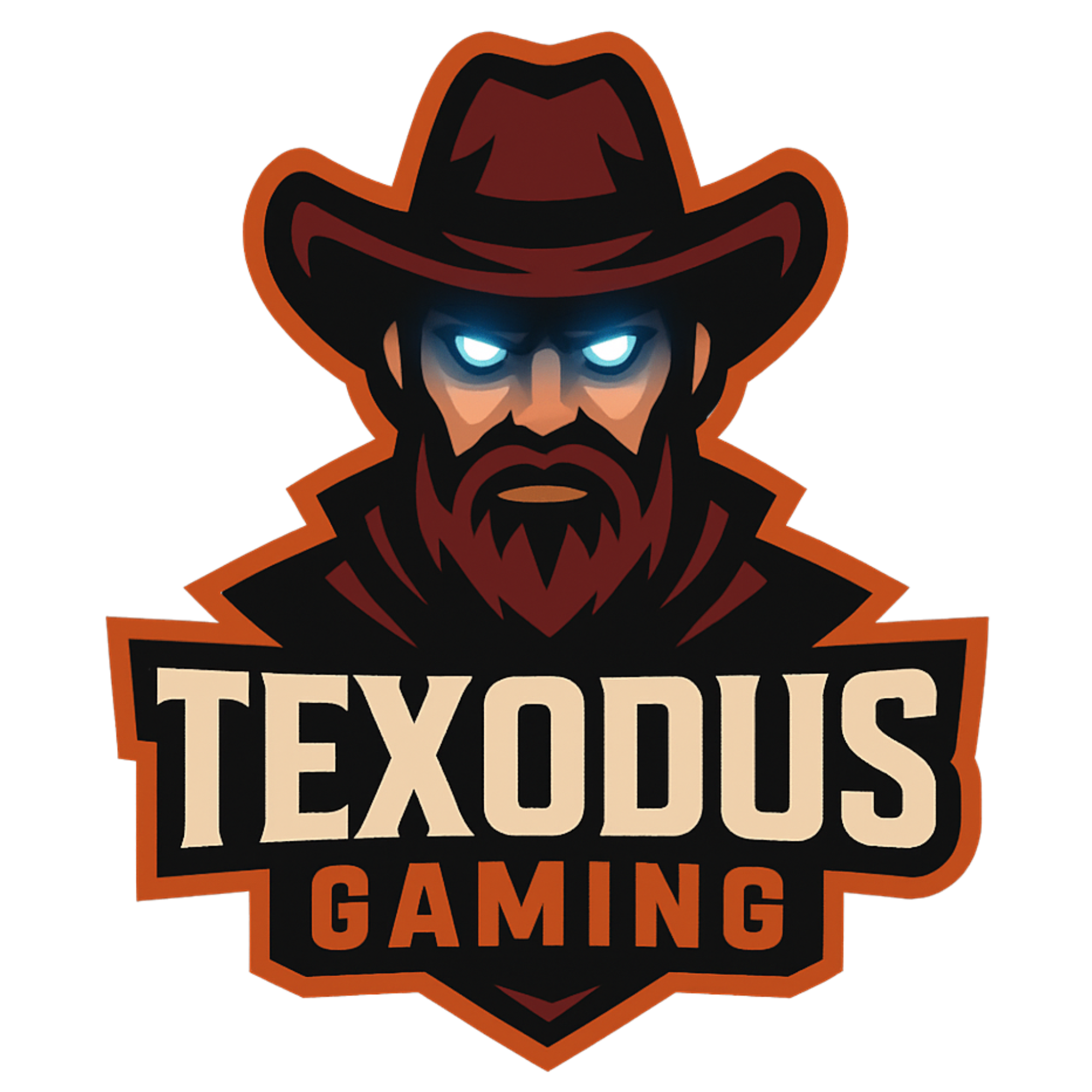 A logo for Texodus Gaming featuring a stylized illustrated cowboy with glowing blue eyes, a brown hat, a beard, and mustache. The text 'TEXODUS' appears above 'GAMING' in bold letters.
