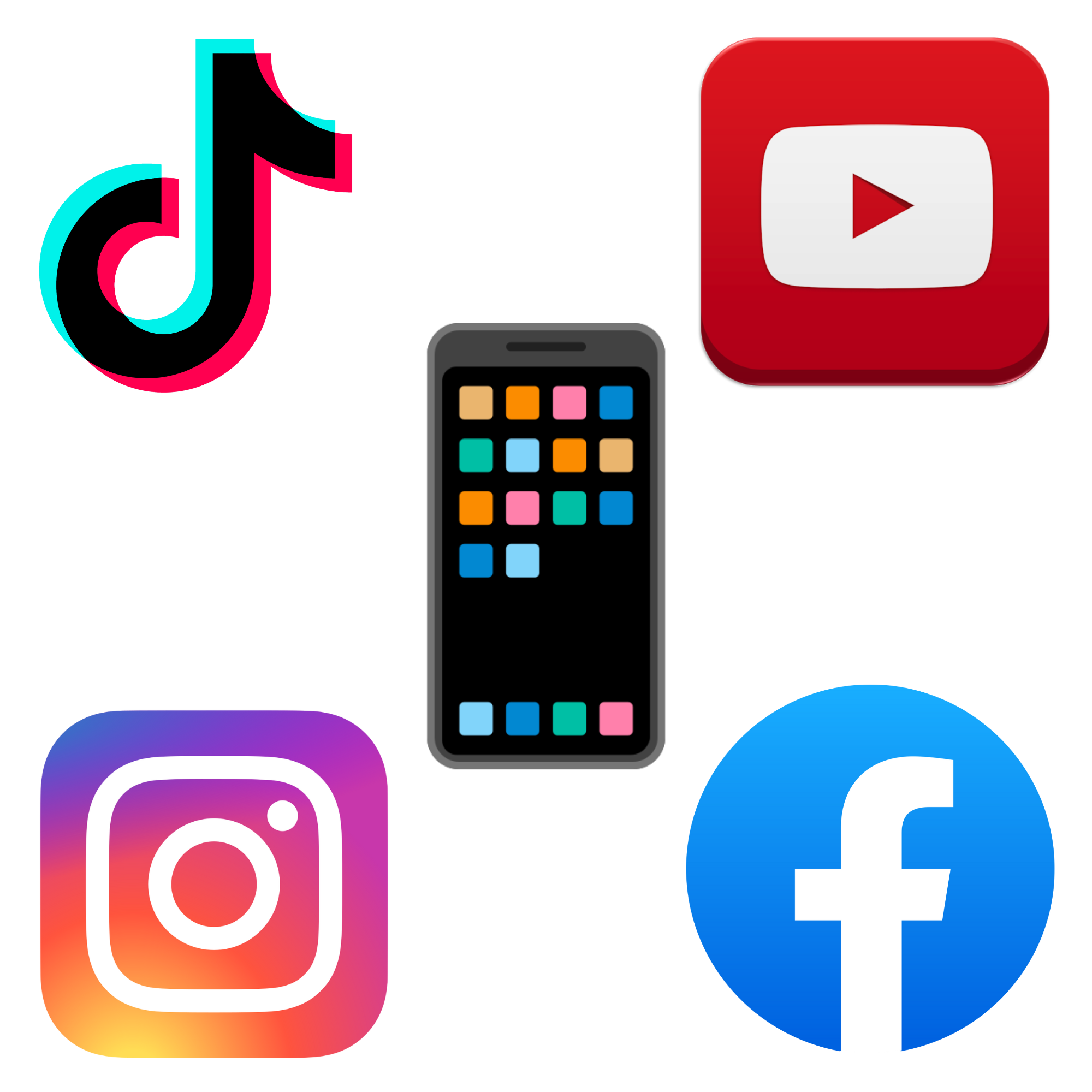 Smartphone with social media app icons including TikTok, YouTube, Instagram, Facebook, and a central device screen.