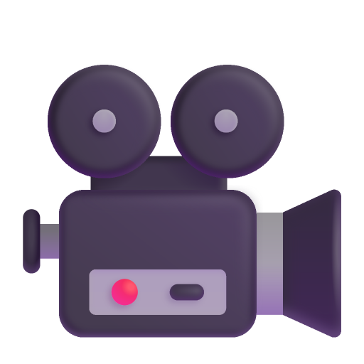 Illustration of a vintage movie camera with two large reels on top, a lens on the front, and a red recording indicator light.