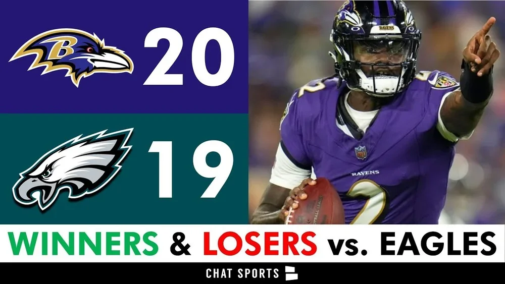 NFL postgame recap YouTube thumbnail highlighting winners and losers from Ravens vs Eagles matchup.