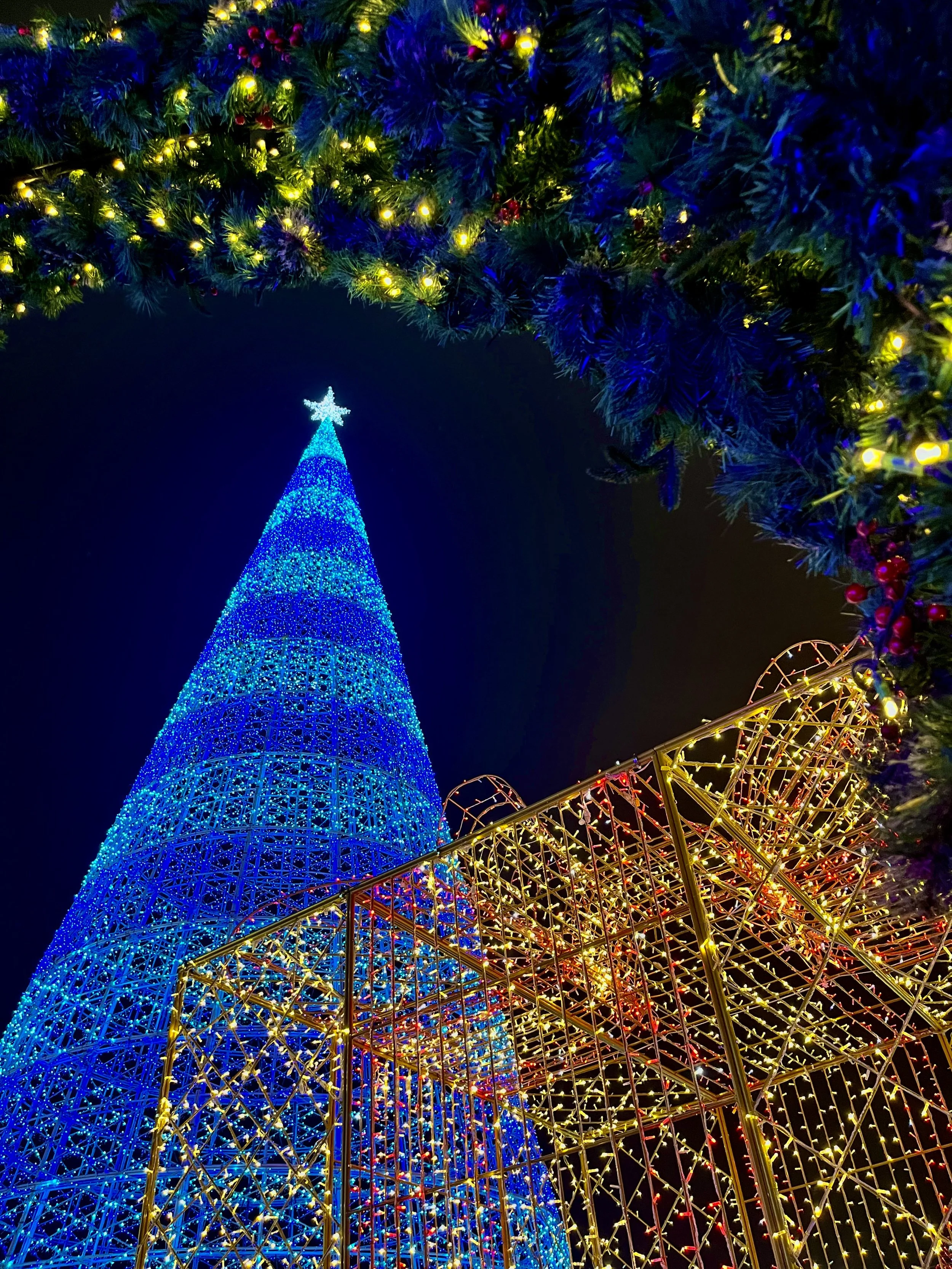 Night photograph of a blue LED Christmas tree and illuminated holiday decorations at Fair Park in Dallas, Texas.