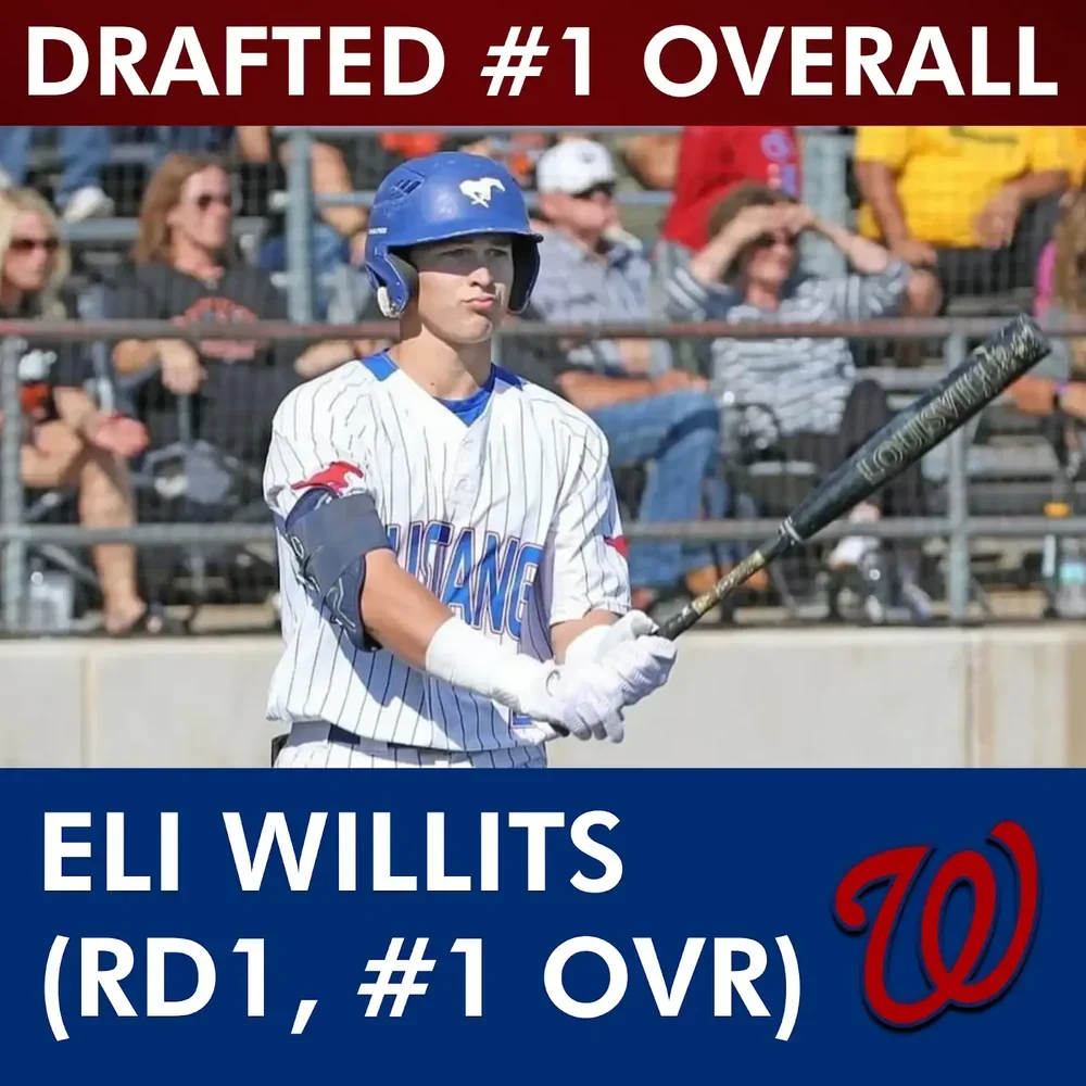 MLB draft day social media graphic featuring first-round selection announcement and team branding.