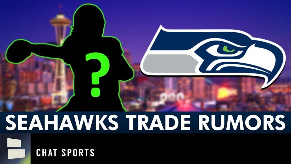 NFL trade rumors YouTube thumbnail featuring Seattle Seahawks branding and silhouette player graphic.