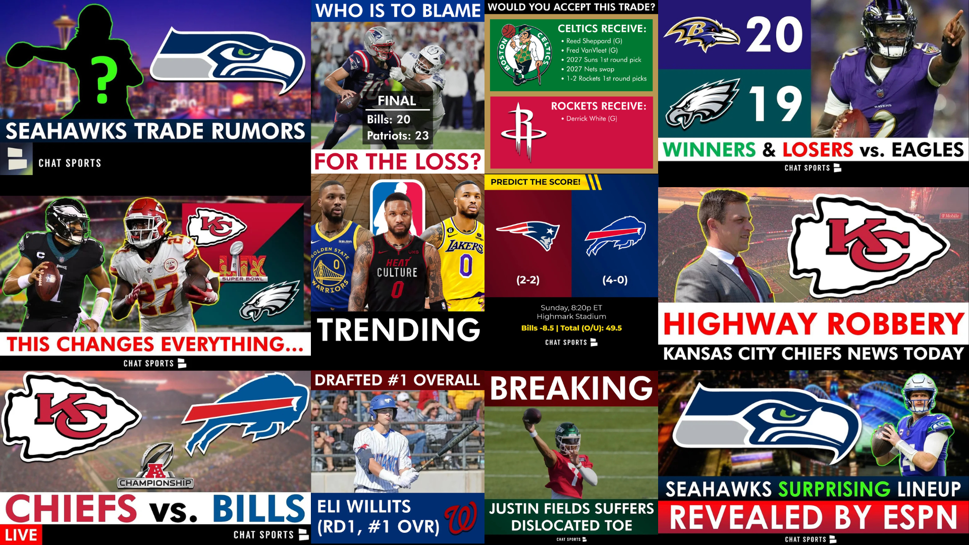 Social and digital sports graphics including YouTube thumbnails, score predictions, trade graphics, and engagement posts.