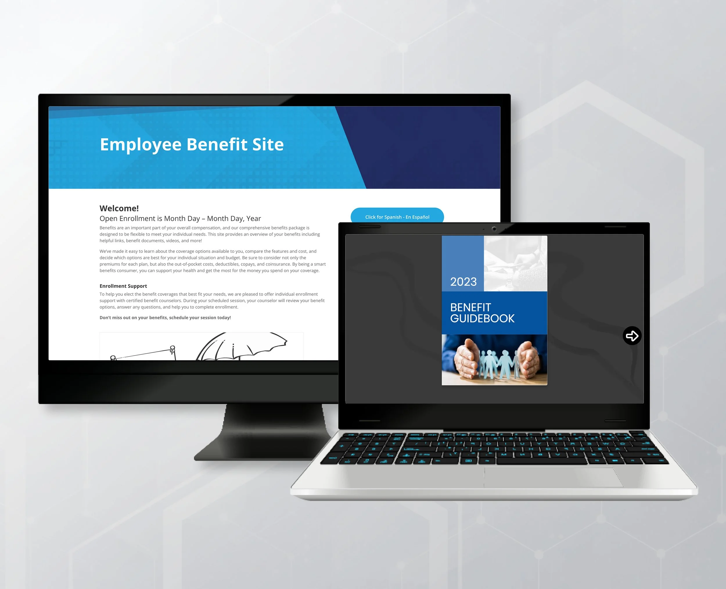 A computer monitor and a laptop displaying employee benefit site and benefit guidebook pages.