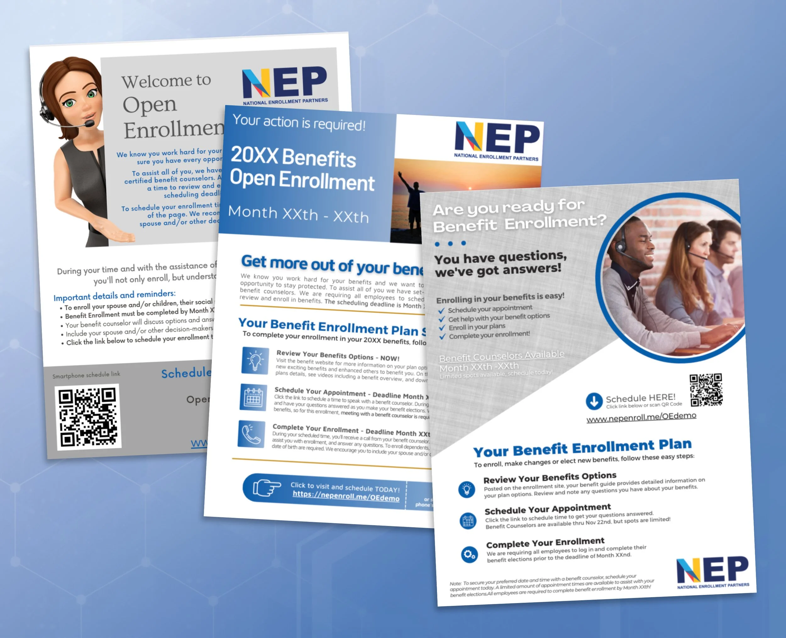 Three flyers about benefit enrollment from NEP (National Enrollment Partners) with colorful headers, checklists, QR codes, and images of smiling people and a virtual assistant robot, set against a blue background.