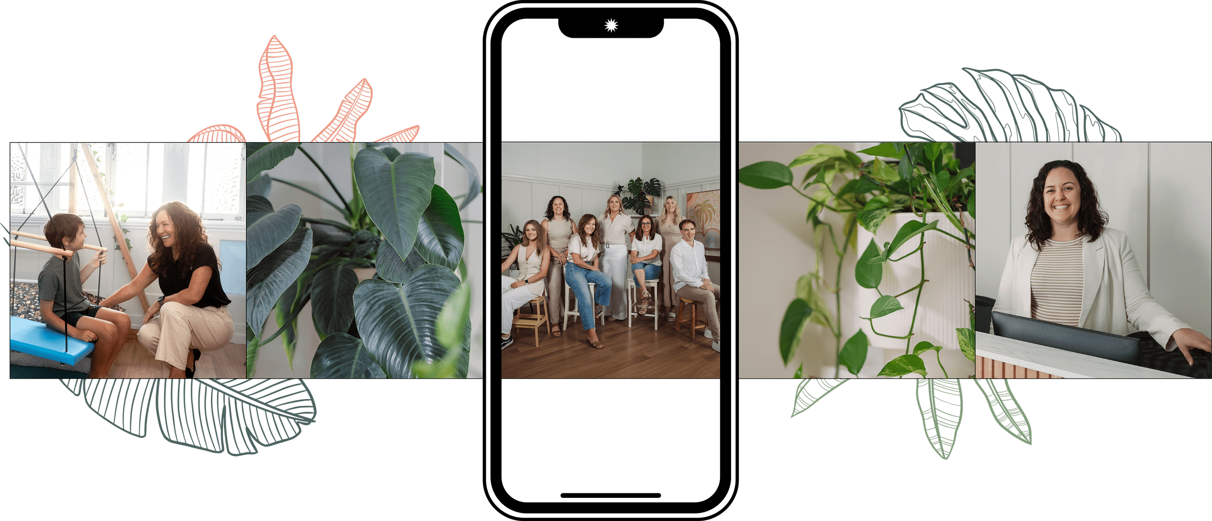 Collage with images of people interacting, plants, and a central group photo on a phone. Left: person talking with a child. Center: group sitting and standing together. Right: a smiling person at a desk.