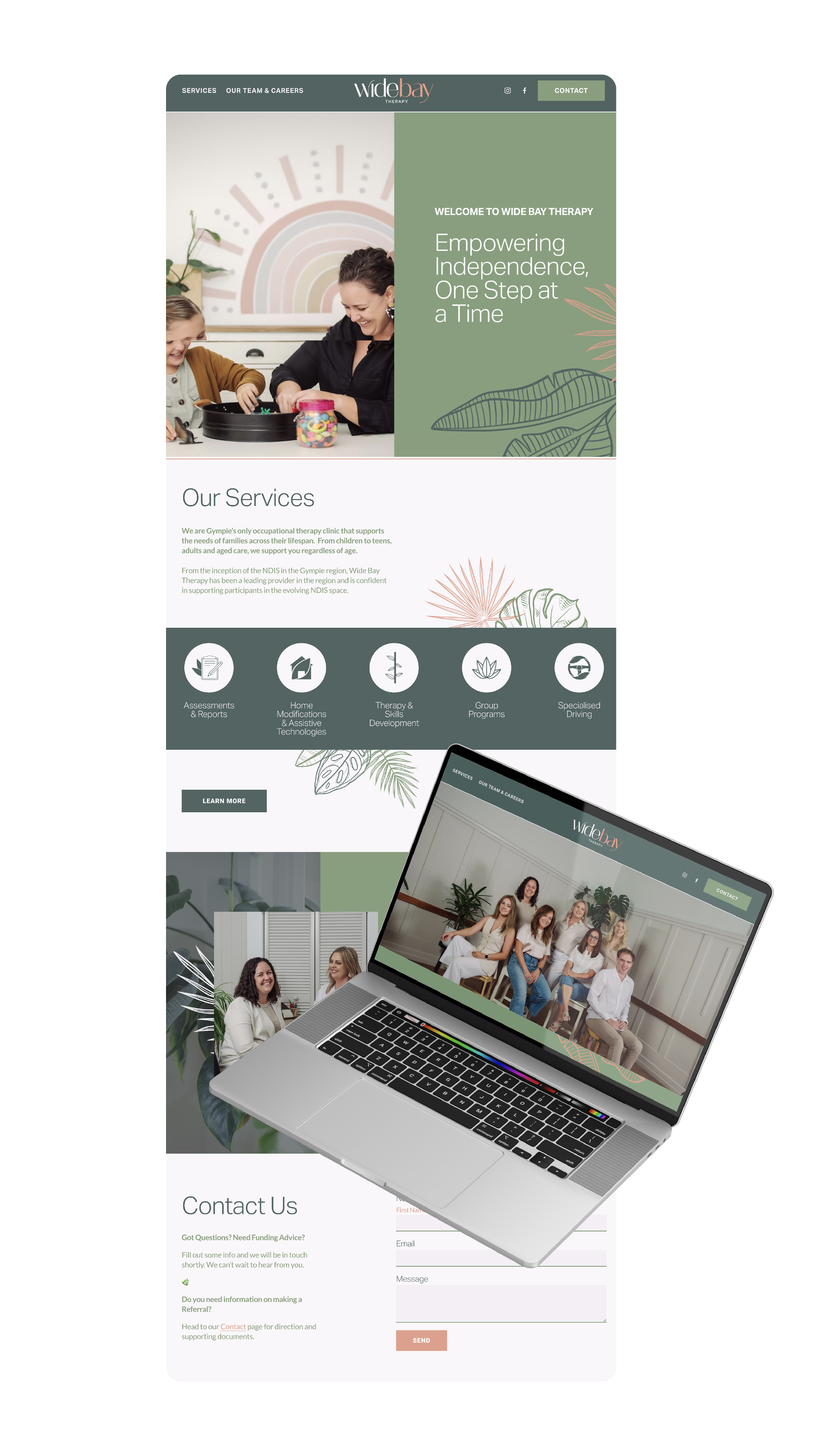 Screenshot of a website for Wide Bay Therapy, showing services like assessments, therapy, and specialized driving, with contact information and images of people in a clinical setting.