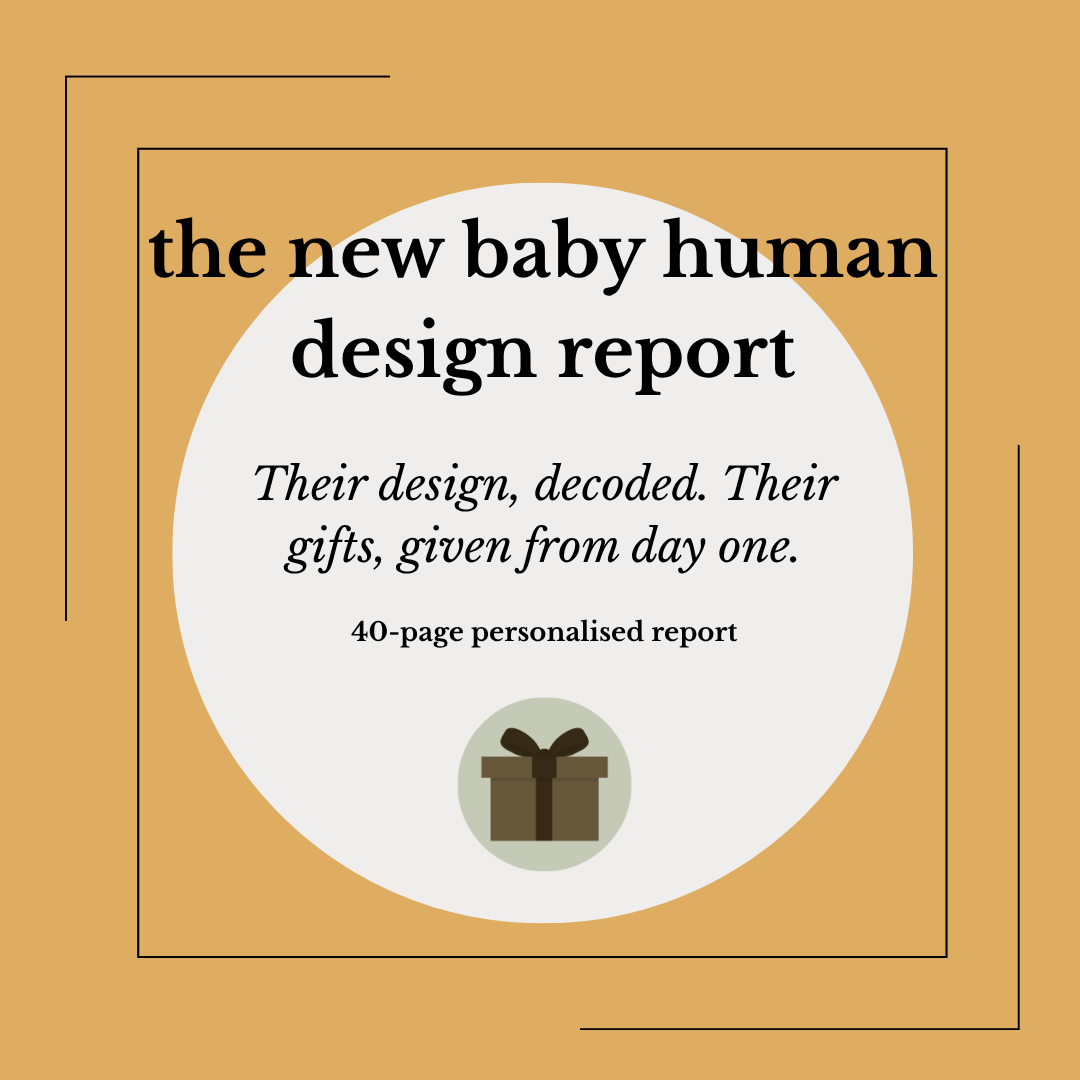 Cover image of a report titled 'the new baby human design report,' with the subtitle 'Their design, decoded. Their gifts, given from day one,' and a small graphic of a gift box with a ribbon.