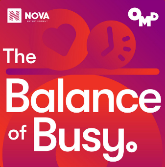 Graphic design titled 'The Balance of Busy' with icons of a heart and a clock, using purple and orange colors.