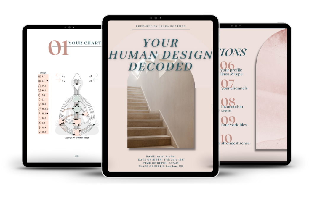 Three digital tablets displaying a design guide or report on personal human design analysis, with one page showing stairs and personal details, and the others showing charts and information on human design concepts.