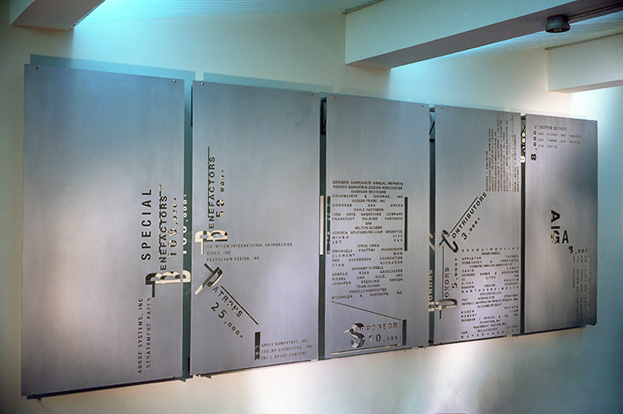 AIGA (American Institute of Graphic arts) Donor Wall. | NYC Corporate Offices | 25' floating stainless steel laser cut