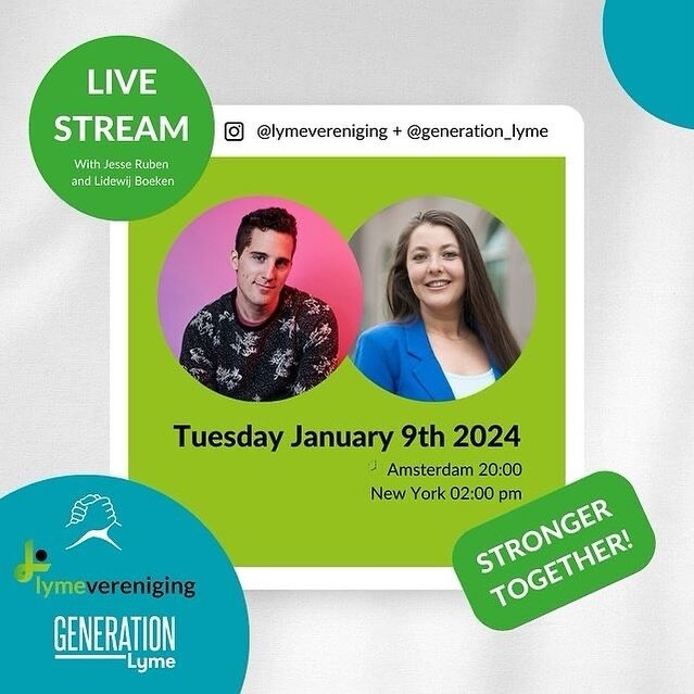 📣 Join @generation_lyme Board Member Jesse Ruben and @lymevereniging Board Member Lidewij Boeken for an Instagram Live this Tuesday, January 9, at 2 pm EST (8 pm CET).

🎥 During the event, Lidewij will ask Jesse questions following his recent inter