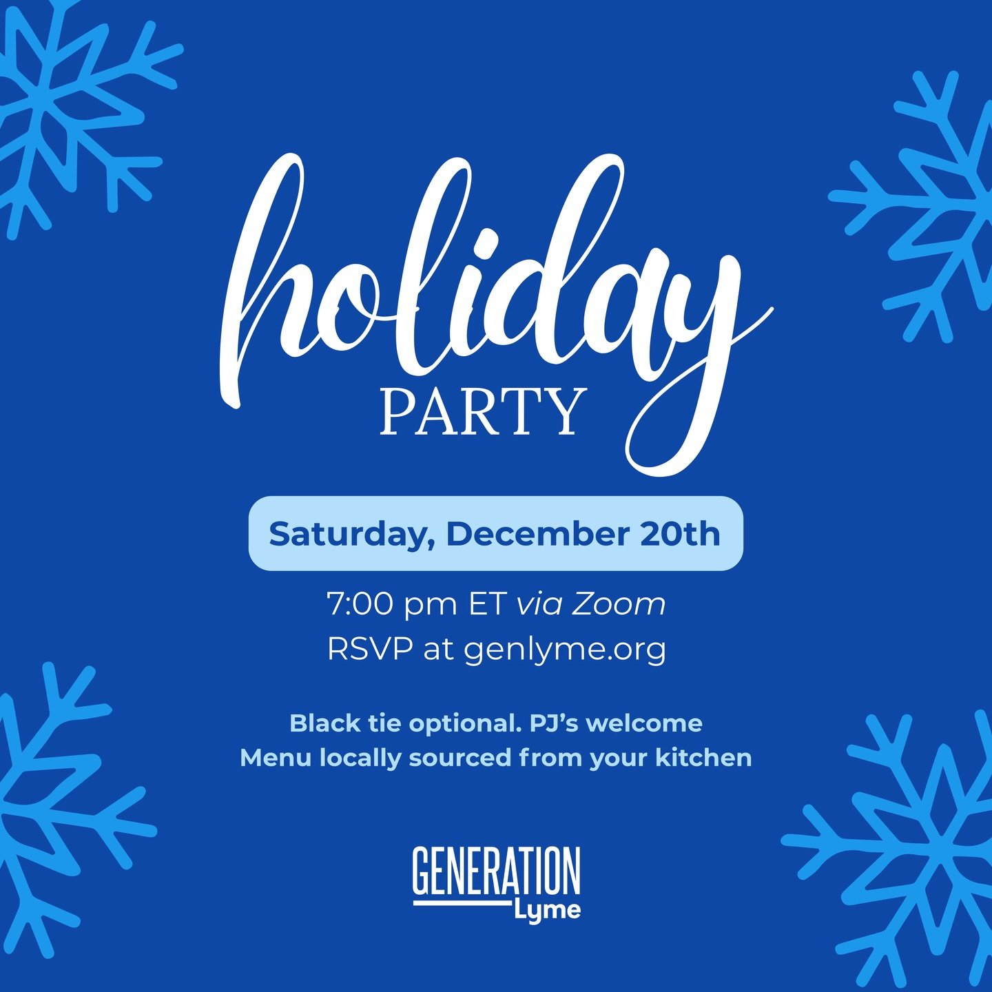 🎉🌟 The Gen Lyme Holiday Party is back! Join us for a night of festivities on Saturday, December 20th, at 7:00 pm EST via Zoom! ☃️⁣

Dress code? Ugly sweaters, glamorous gowns, comfy PJs, funny hats - anything goes!✨

Get ready for the return of the