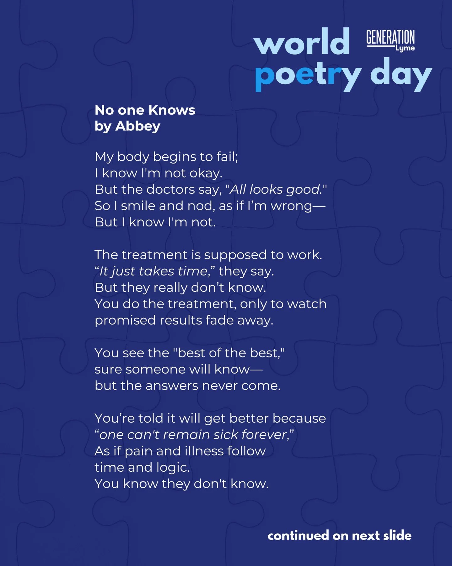 In honor of World Poetry Day, we invited our community to share poems reflecting their experience with Lyme Disease.

Today&rsquo;s poem comes from Abbey @shootforthemoon99 &mdash; a heartfelt glimpse into her journey.

If her words resonate with you