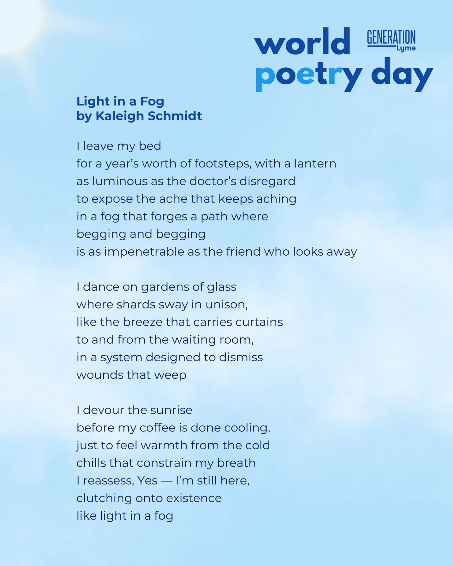 In honor of World Poetry Day (week), today&rsquo;s poem is &ldquo;Light in a Fog&rdquo; by Kaleigh Schmidt @kaleighmschmidt 

If this piece speaks to you, feel free to share it to your story and drop some encouragement in the comments for our brave p