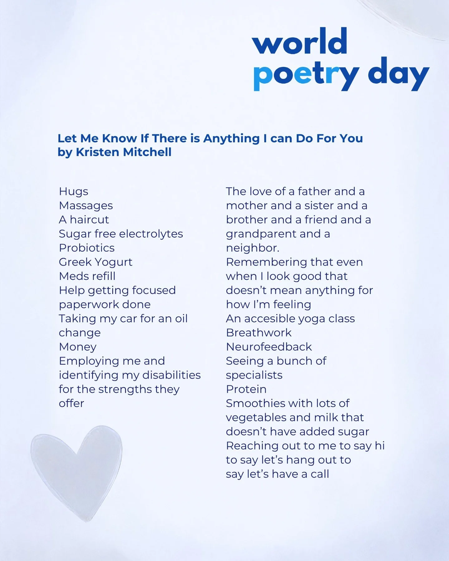 Today's poems are by Kristen Mitchell. Swipe to read both.

World Poetry Day is still going strong thanks to all of our submissions!

Give some love to Kristen in the comments and share this post to your story if you relate.