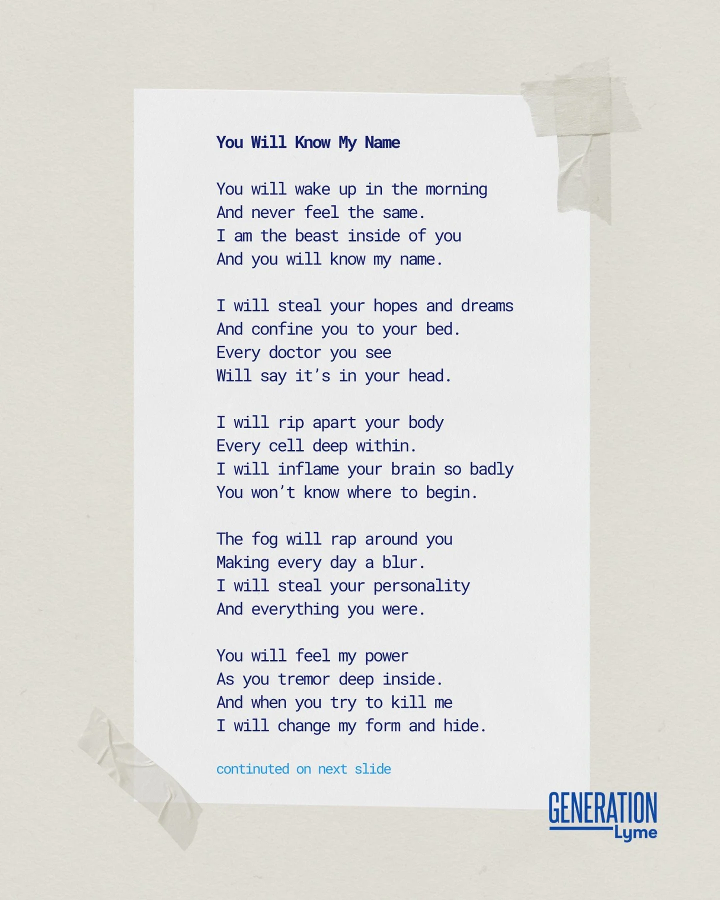 Another Letter to Lyme from our community &mdash; this time, in the form of a poem.

Raw. Honest. Straight from someone living it every day.

Thank you to everyone who&rsquo;s been sending in your letters, poems, and reflections. Your voices remind o