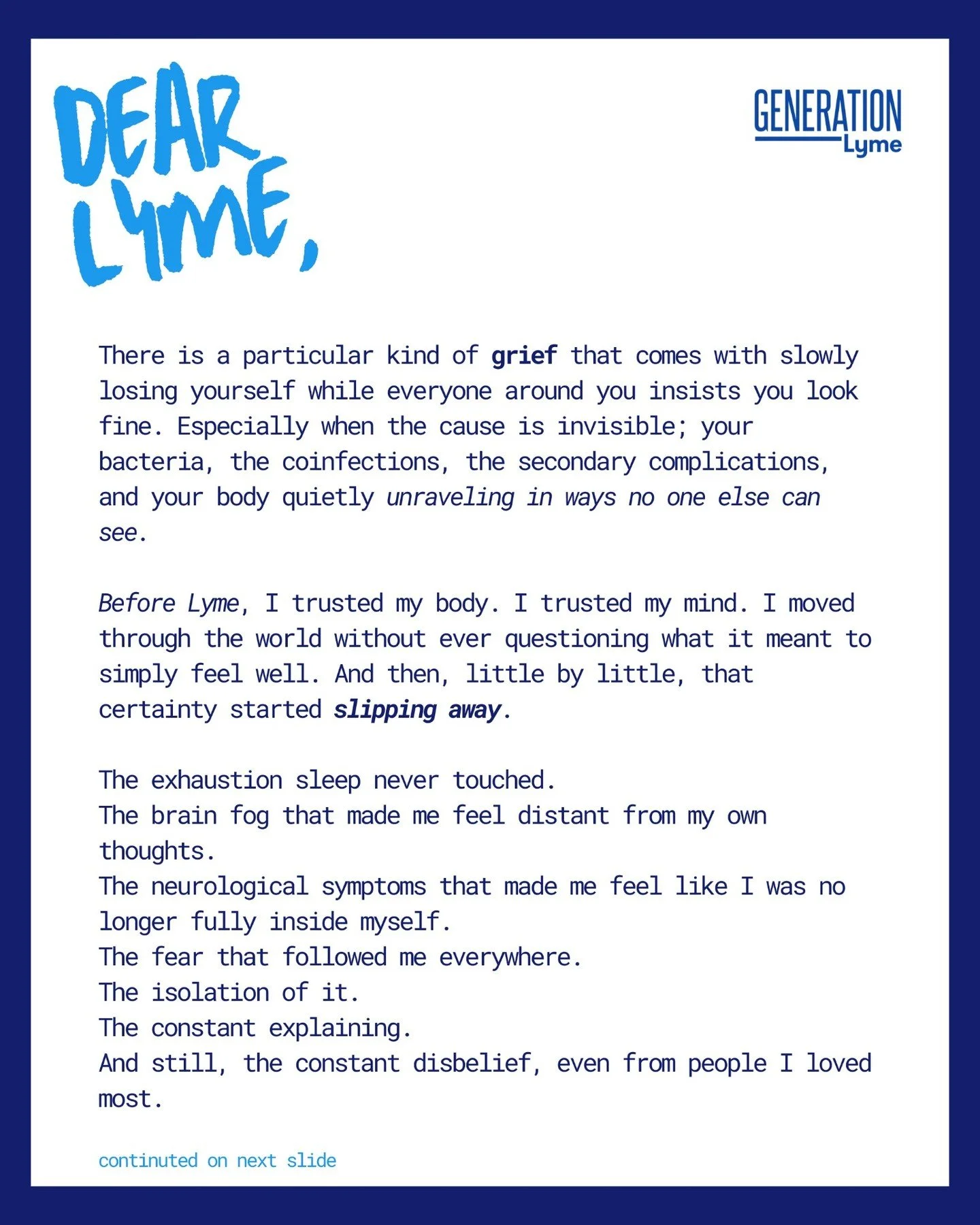 Sharing another Letter to Lyme from our community member @huntforhealing

So many honest, beautifully spoken words and phrases to express the suffering that comes along with #chroniclyme