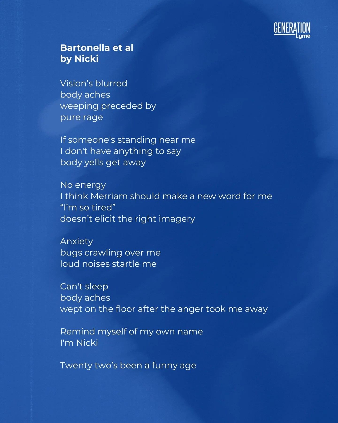 Our Letter to Lyme for today is taken from our World Poetry Capsule. We had so many beautiful submissions that we still get to share some with you.

This one is a direct poem to Bartonella this time, which we all know is just as tough to navigate as 