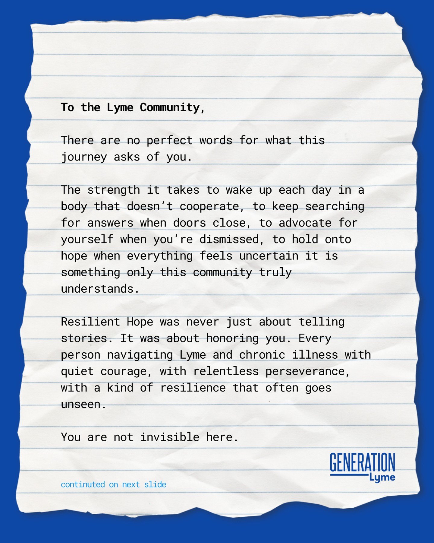 Today's Letter to Lyme is for the Lyme Community, rather than Lyme itself. 

Leave some love for our author today. #lymediseaseawarenessmonth