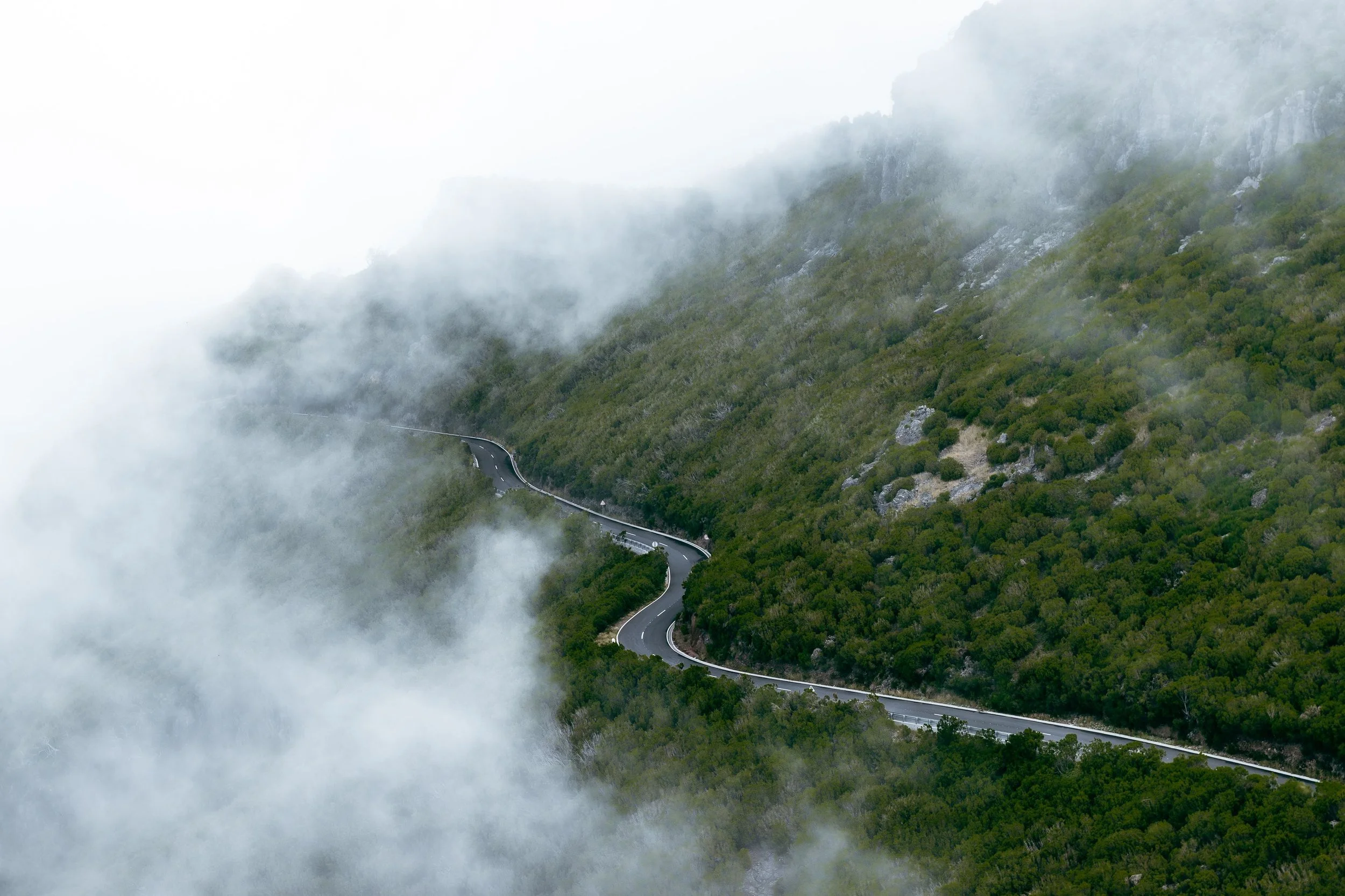 Mountainside road moving out of fog, conveying reengagement through behavioral activation amidst depression.