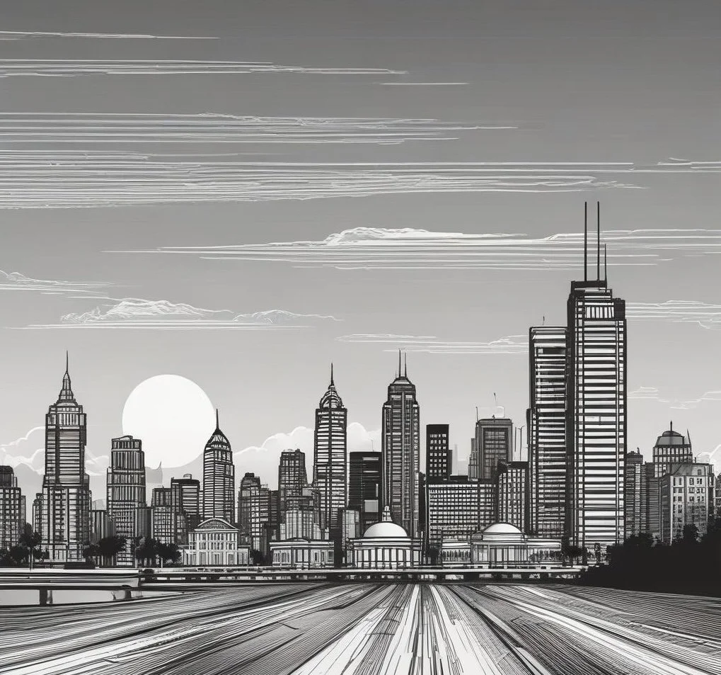 Minimalist line illustration of Buffalo, New York City skyline at sunrise.