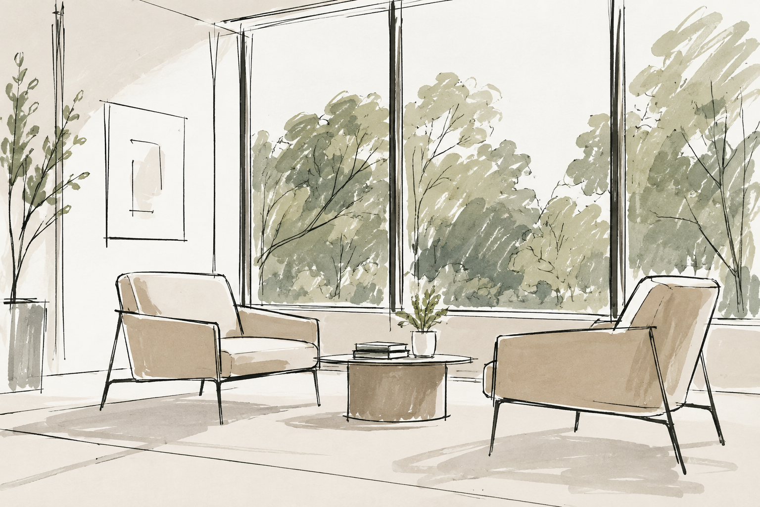 Illustration of therapy office with large windows, natural light, two chairs, and view of trees.