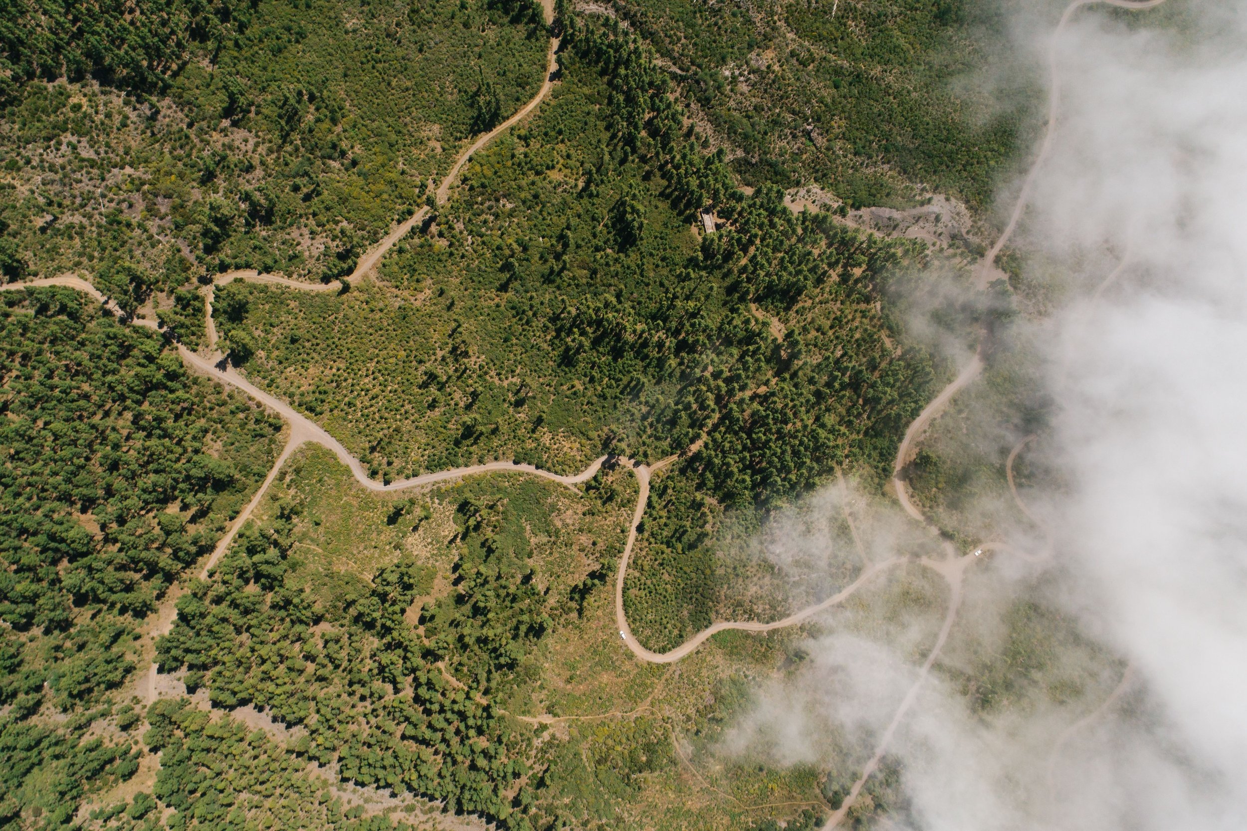 Intersecting trials from overhead with area of dense fog, portraying complexity and burden during periods of chronic stress and burnout.