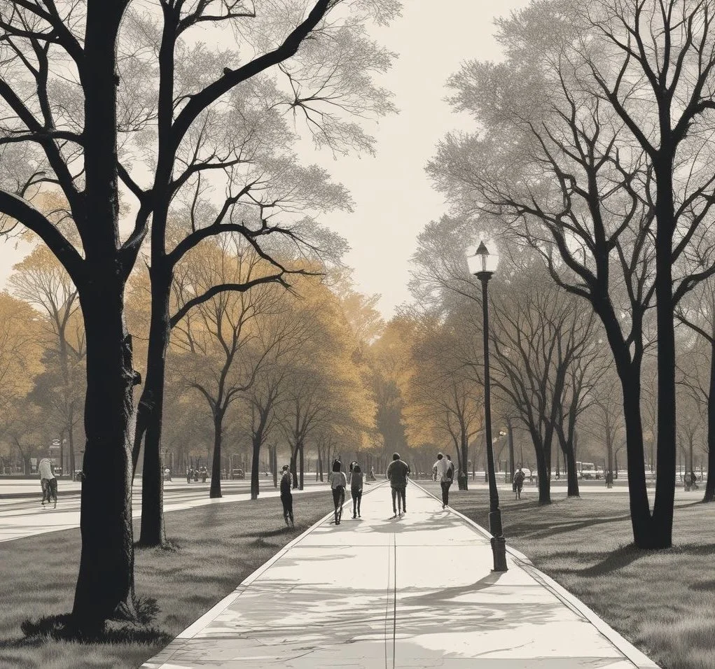Illustration of community of individuals walking on path in Buffalo, New York's Delaware Park.
