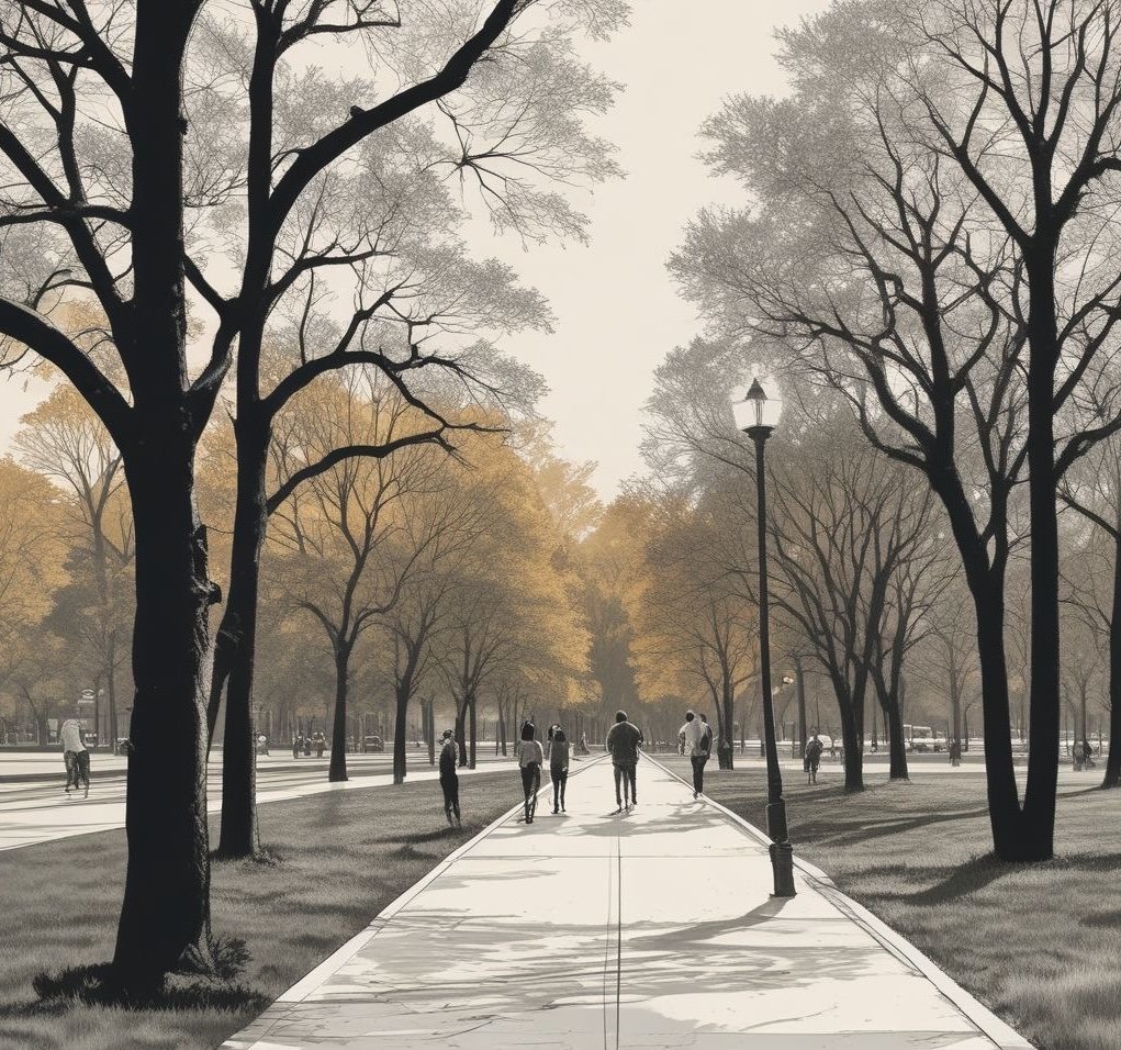 Illustration of individuals walking on path in Buffalo, New York's Delaware Park.