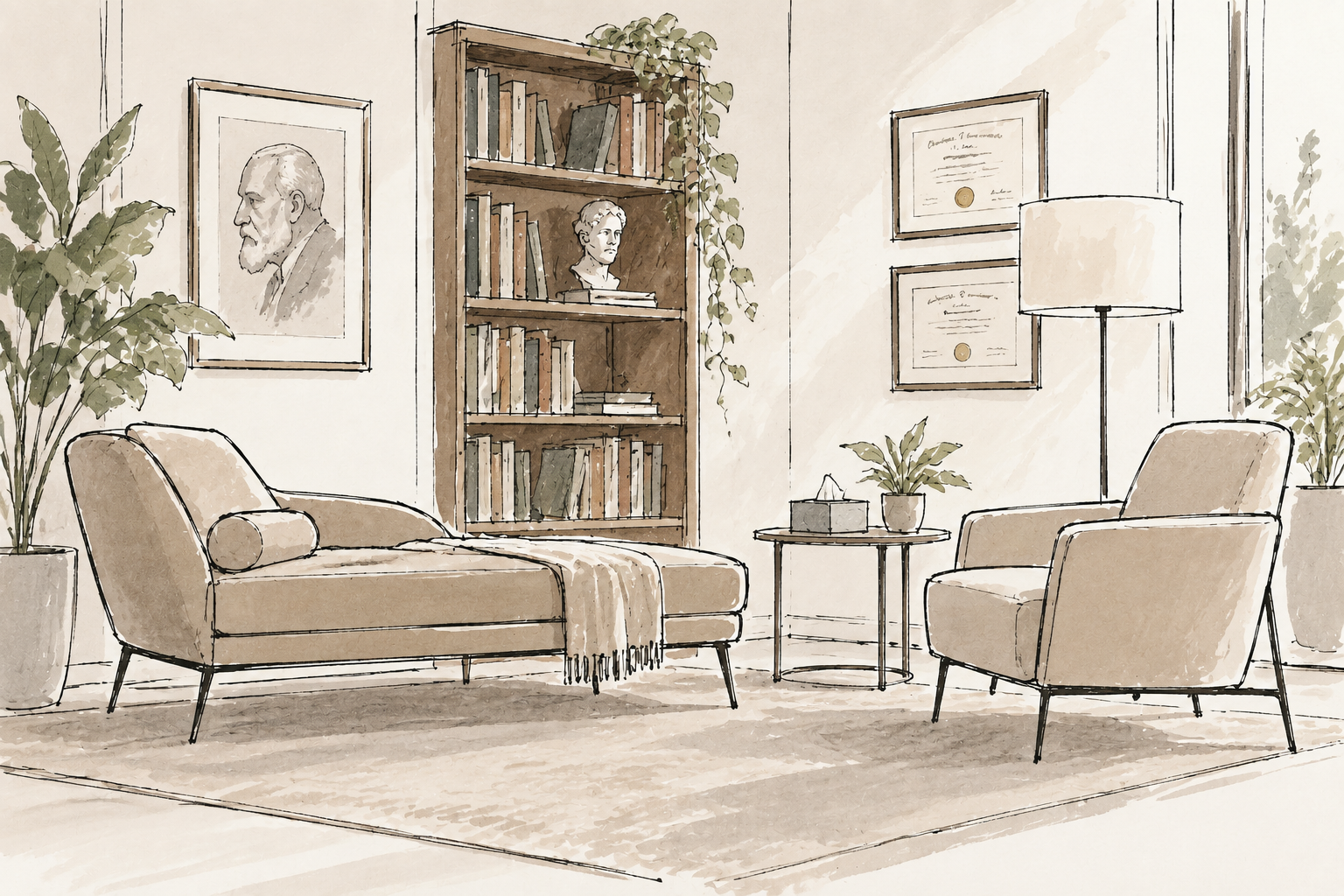 Consulting room depicting the traditions and history of psychotherapy.